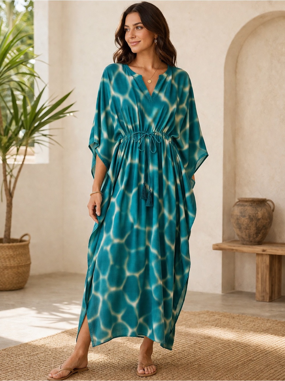 Pax Philomena Couture Italian Silk Kaftan Dress Teal Abstract Tassel One Size